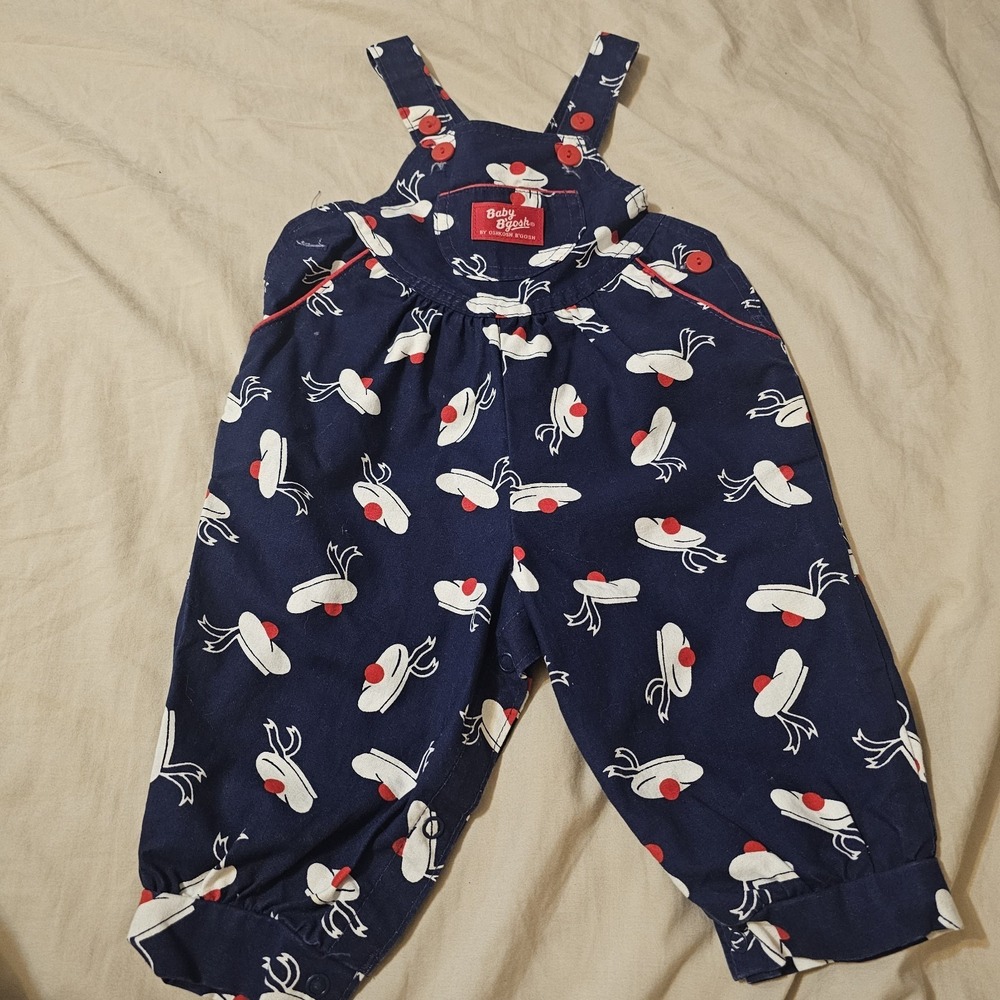 Oshkosh B'Gosh Vintage Bubble Overalls 12M Hat Print Vestbak Patriotic